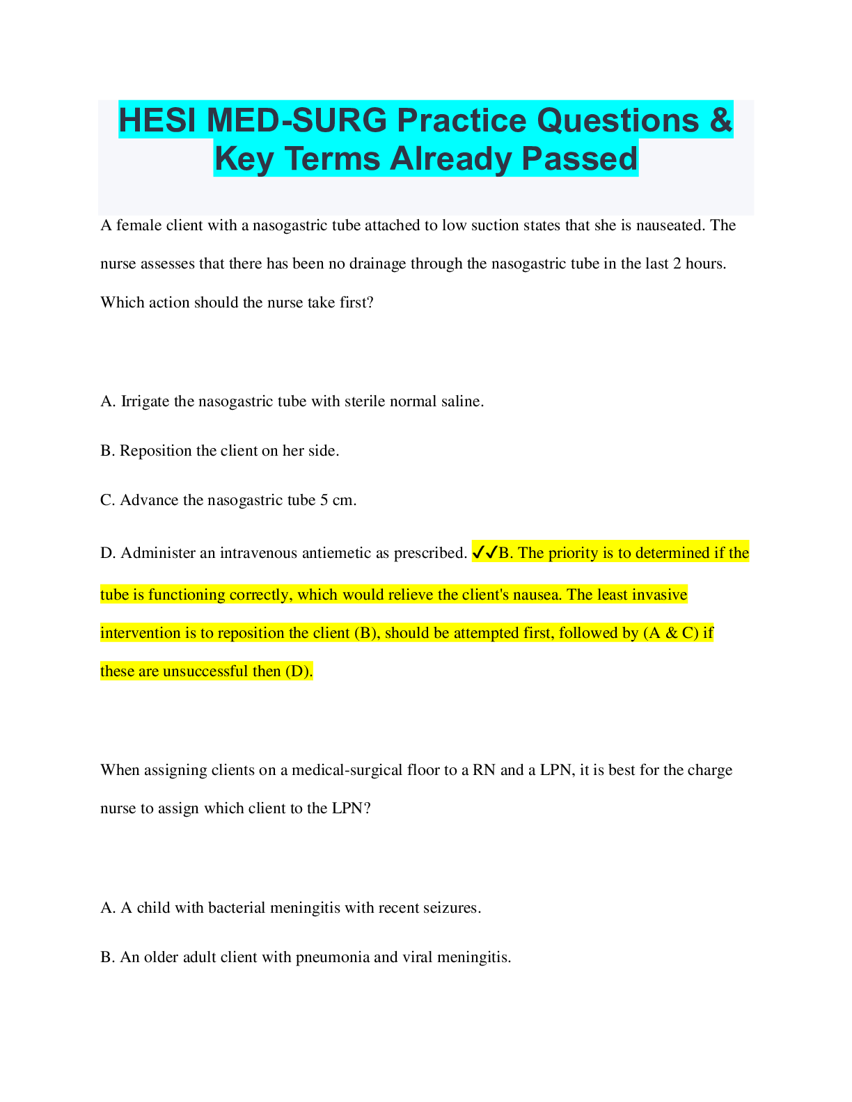 Preview image for HESI MED SURG 1 FINAL T2 QUESTIONS AND ANSWERS WITH COMPLETE GUIDE SOLUTION.
